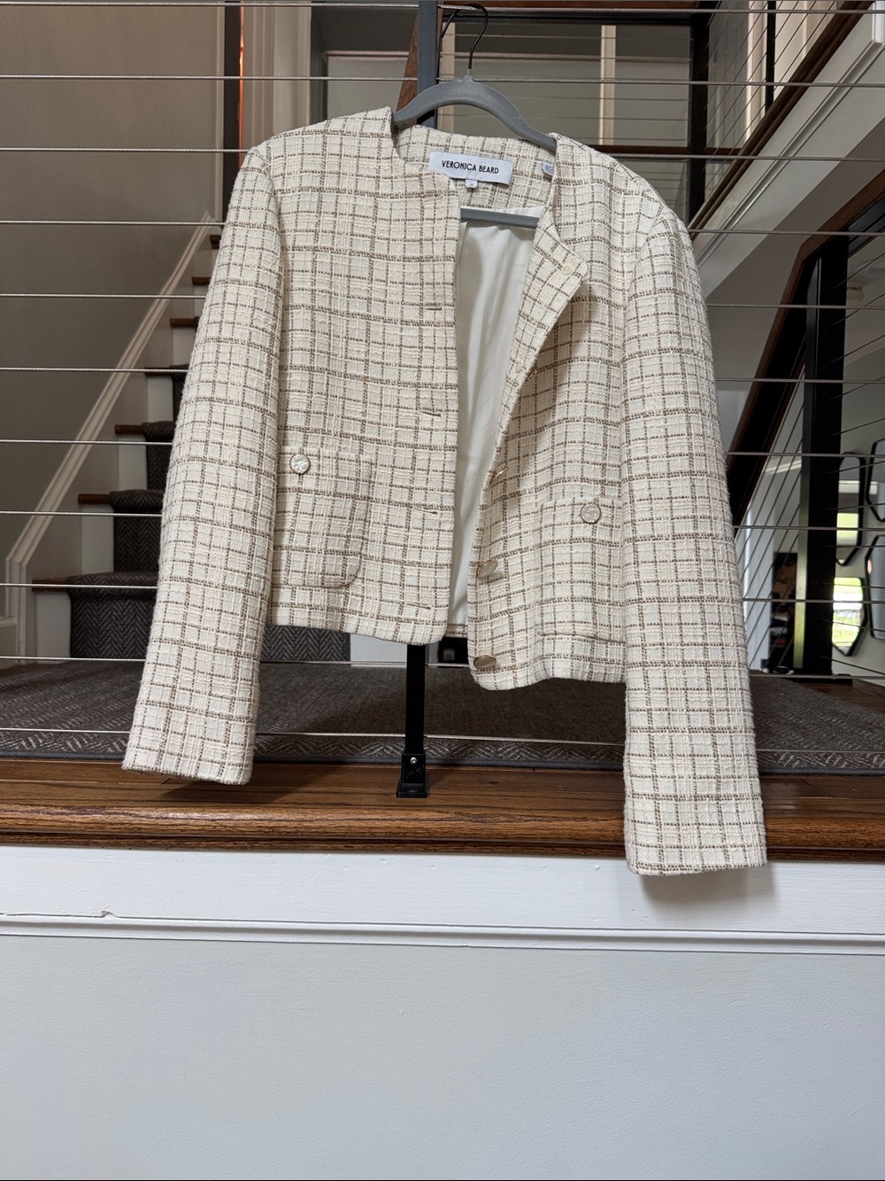 Veronica Beard Cream Plaid Tweed Cropped Blazer